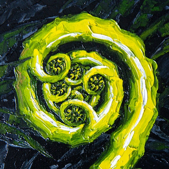 Fern spiral silver Koru loop Original art 8x6" by S. Lee Mark - Stil life oil painting Fern silver Koru art Fruit still life Fruit painting