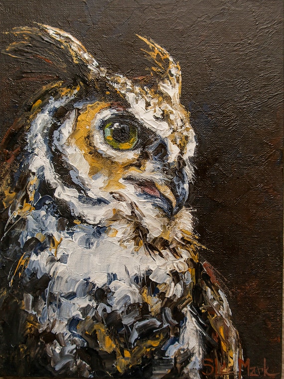 Wise Owl Original art 8" by S. Lee Mark Bird oil painting Pet portrait Animal art Home & Living Home Wall Décor Paintings