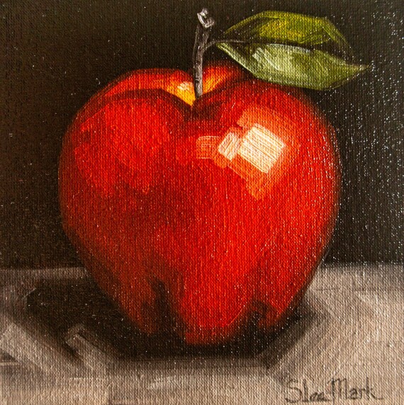 Apple Original art 6x6 by S. Lee Mark - Stil life oil painting Fruit art Fruit still life painting Small artwork Home Decor