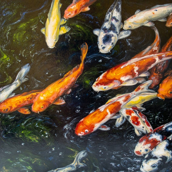 Koi Goldfish 24" S.Lee Mark Original oil painting Pet portrait Animal painting Animal art Fish Original art Home Living Home Decor Wall