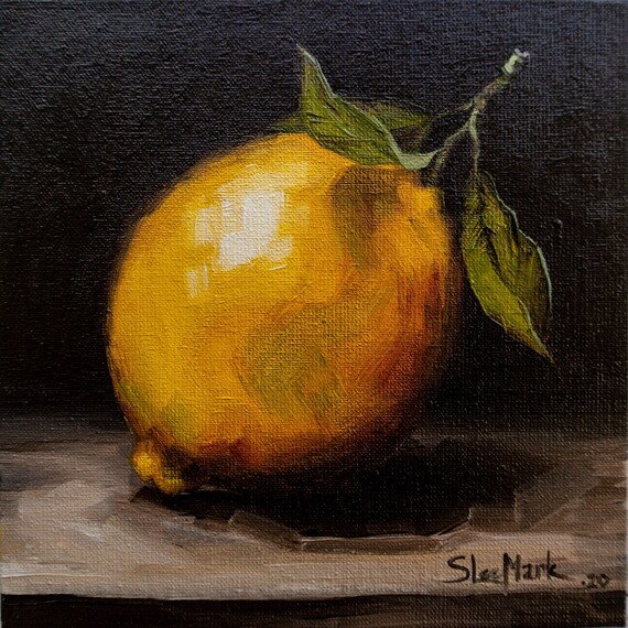 Lemon Original art 6x6 by S. Lee Mark Stil life oil painting Fruit art Fruit still life Fruit painting Citrus art Home Décor Wall Hangings