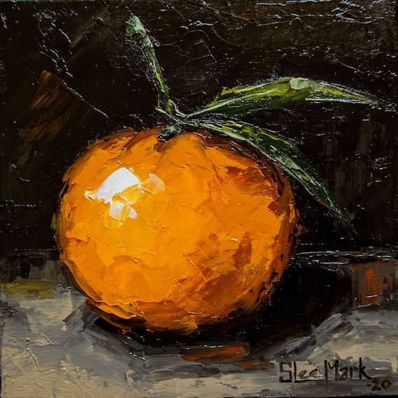 Mandarine leaf Original art 6x6 by S. Lee Mark Fruit Stil life oil painting Fruit art Fruit painting Citrus art Home Décor Wall Hangings