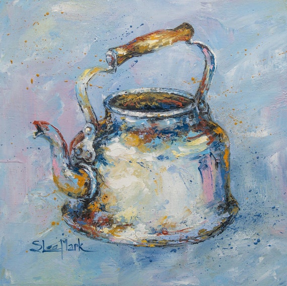 Rainbow teapot Kettle Original art 10" by S. Lee Mark Stil life oil painting Tea spot Kettle art Home Décor Wall Hangings Home & Living