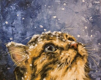 First snow 6" Original art by S. Lee Mark Cat oil painting Pet portrait Ginger cat Portrait Animal painting Animal art Small art Home Décor