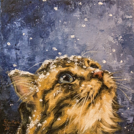 First snow 6" Original art by S. Lee Mark Cat oil painting Pet portrait Ginger cat Portrait Animal painting Animal art Small art Home Décor