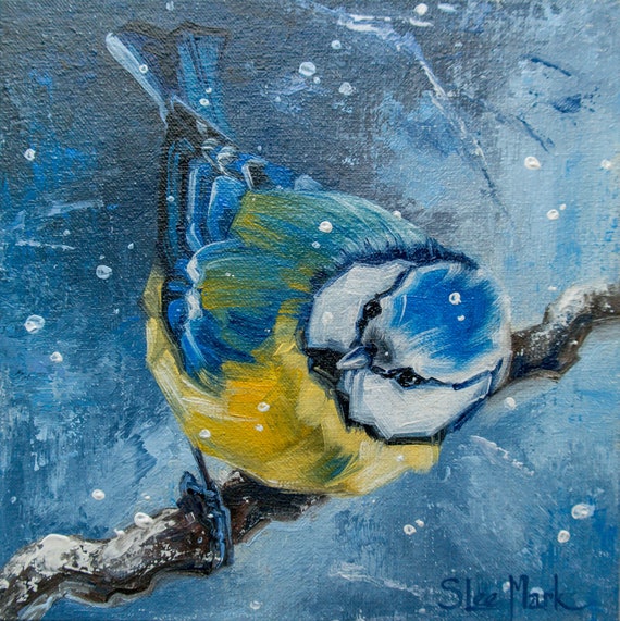 Curious titmouse Original art 6" by S. Lee Mark Bird oil painting Pet portrait Animal art Home & Living Home Wall Décor Paintings