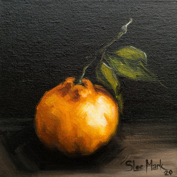 Tangerine with leaves Original art 6x6 by S. Lee Mark - Stil life oil painting Fruit art Fruit still life Fruit painting Citrus art