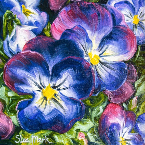 Violets Original art 8x8 by S. Lee Mark - Stil life oil violets painting art still life violets flowers painting small art