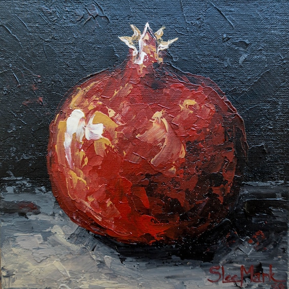 Pomegranate Original art 6" S. Lee Mark Stil life oil painting Fruit art Fruit still life Fruit painting Garnet art Home Living Decor Wall