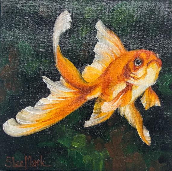 Gold fish Original art 6" by S. Lee Mark oil painting Pet portrait Animal art Home & Living Home Wall Décor Paintings