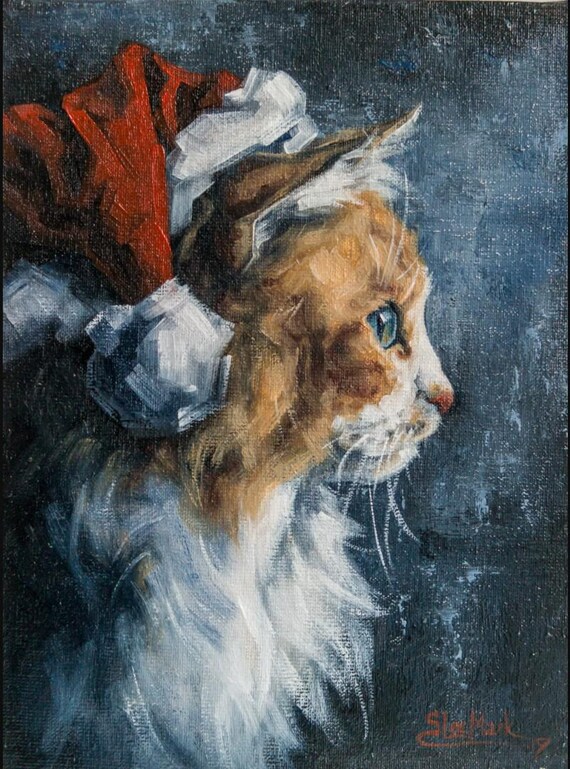 サンタネコ　油絵 猫サンタ爪 8 インチ S.Lee マーク猫油絵カスタムペットポートレート