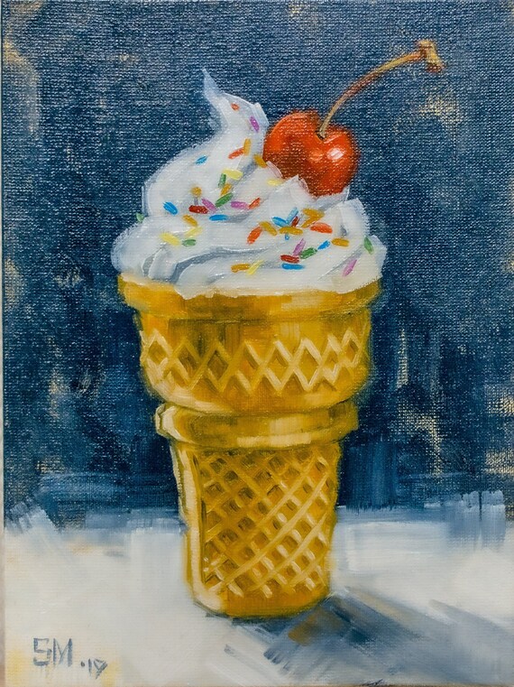 Ice cream Original art by S.Lee Mark 8x6 Cake Sweet Stil life oil painting