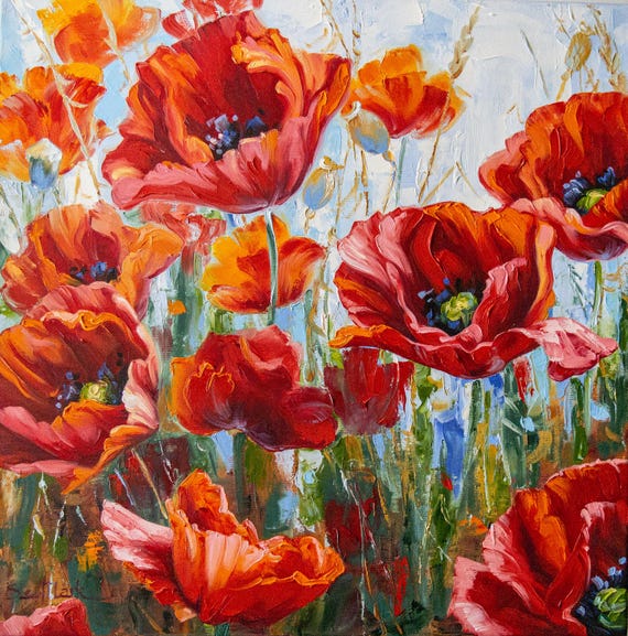 Poppies Original art 20" by S. Lee Mark - Flowers Still Life Art Poppies Flowers art Home Décor Wall Hangings Paintings Home & Living small