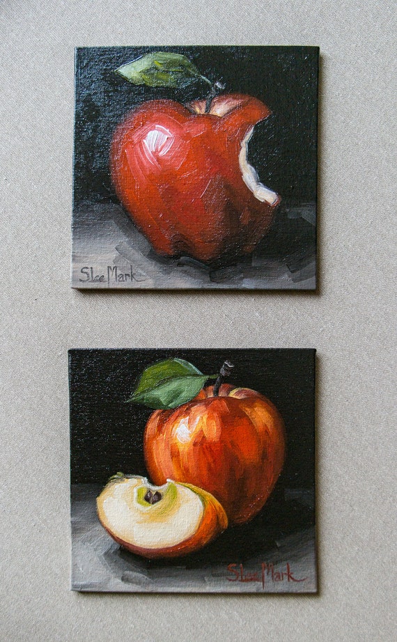 Eden Apple Original Art 6x6 by S. Lee Mark Still Life Oil Painting