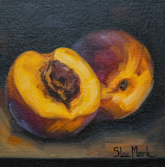 Juicy peach Original art 6x6 by S. Lee Mark - Stil life oil painting Fruit art still life Citrus art Home & Living Home Wall Décor Paintings