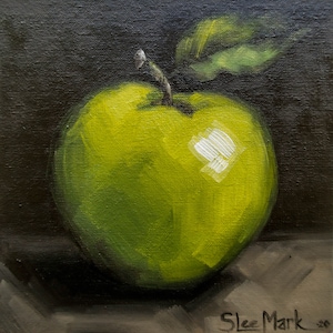 May include: A green apple with a single leaf on top, painted in a realistic style on a dark background. The apple has a shiny, almost reflective surface.
