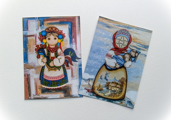 Postcard set of 2 "Ukrainian dolls" Paper Party Supplies Paper Stationery Postcards from Ukraine Greeting Cards Good Luck Artwork