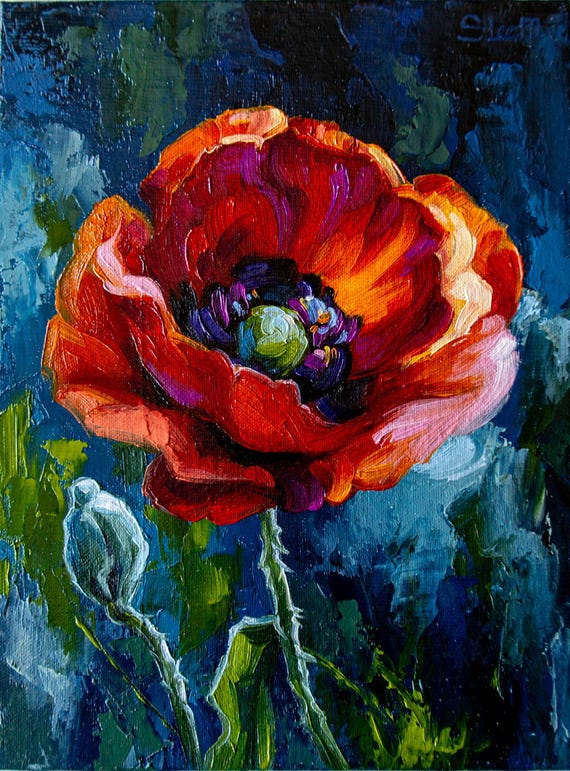 Still Life Oil Painting 6x8 by S. Lee Mark - Original Poppy & Violet Flowers Artwork, Small Floral Art, Botanical Wall Decor
