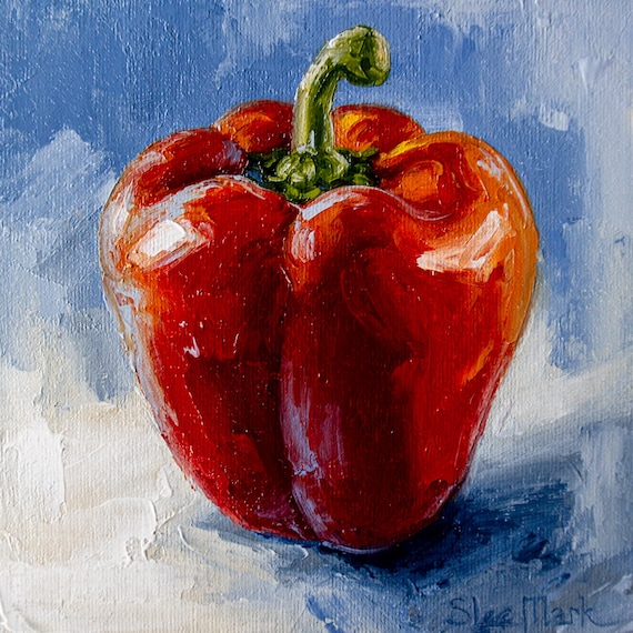 Pepper Original art 6x6 by S. Lee Mark Stil life oil painting Fruit art Fruit still life Fruit painting Peper art Home Décor Wall Hangings