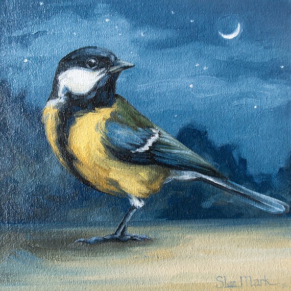 Tit Small little Bird Original art 6" by S. Lee Mark oil painting Pet portrait Animal art Home & Living Home Wall Décor Paintings
