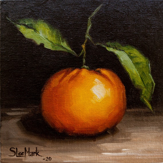 Dancing tangerine Original art 6x6 by S. Lee Mark - Stil life oil painting Fruit art Fruit still life Fruit painting Citrus art