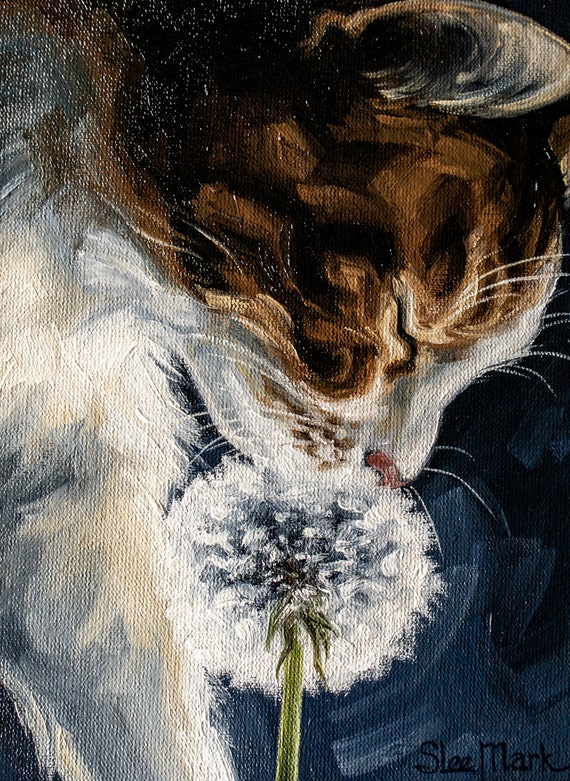 Cat with dandelion 8" S.Lee Mark cat oil painting Pet portrait Ginger Cat portrait Animal painting Original art Home Living Home Decor Wall