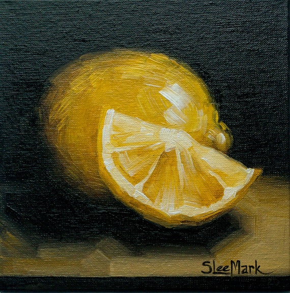 Slice of Lemon Original art 6x6 S. Lee Mark Stil life oil painting Fruit art still life Fruit painting Citrus art Home Décor Wall Hangings
