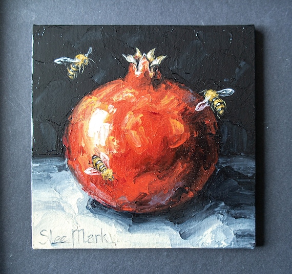 Pomegranate bee Original art 6" S. Lee Mark Stil life oil painting Fruit art still life Fruit painting Garnet art Home Living Décor Wall Bee