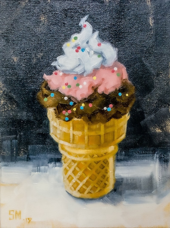 Ice cream Original art by S.Lee Mark 8x6 Cake Sweet Stil life oil painting