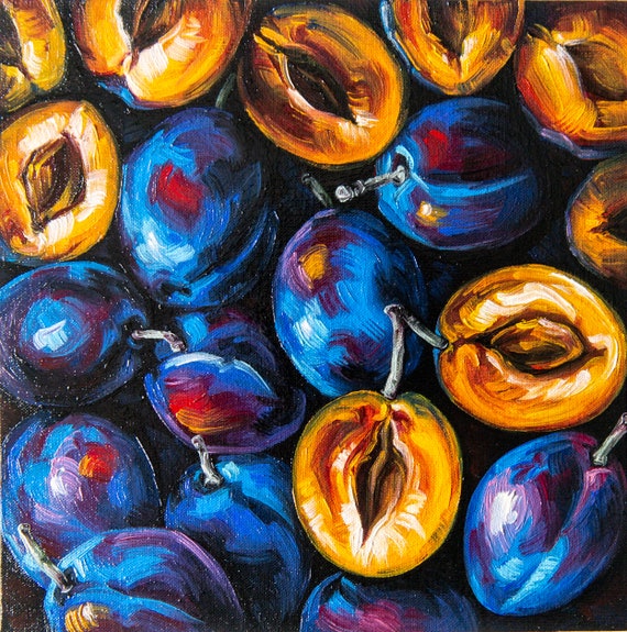 Plums reddish-purple prune Original art 8x8" by S. Lee Mark - Stil life oil painting Fruit art Fruit still life Fruit painting Plums art