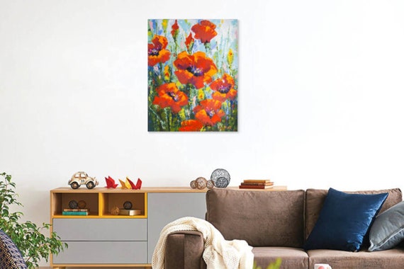 Poppies Original art 20" by S. Lee Mark - Flowers Still Life Art Poppies Flowers art Home Décor Wall Hangings Paintings Home & Living small