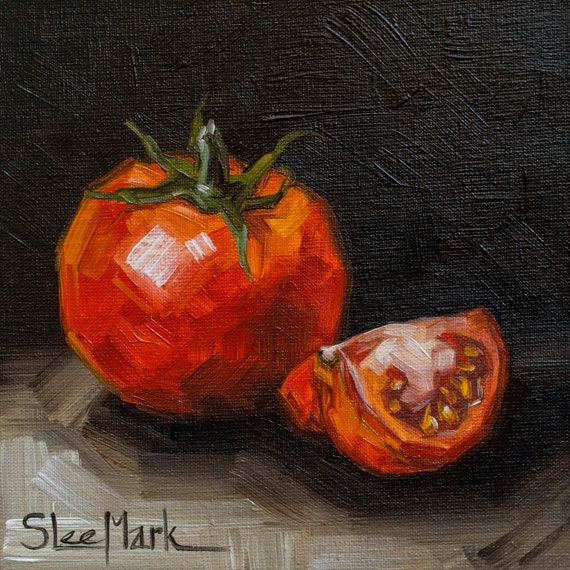 Tomato slice Original art 6x6 by S. Lee Mark - Stil life oil painting Fruit art Fruit still life Fruit painting Home Living Decor Wall