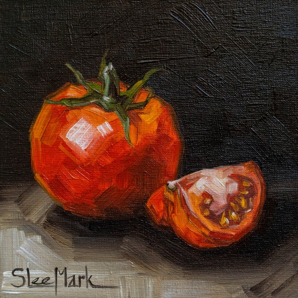 Tomato slice Original art 6x6 by S. Lee Mark - Stil life oil painting Fruit art Fruit still life Fruit painting Home Living Decor Wall