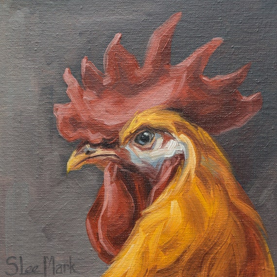 Rooster Original art 6" by S. Lee Mark Bird oil painting Pet portrait Animal art Home & Living Home Wall Décor Paintings Wall Hangings