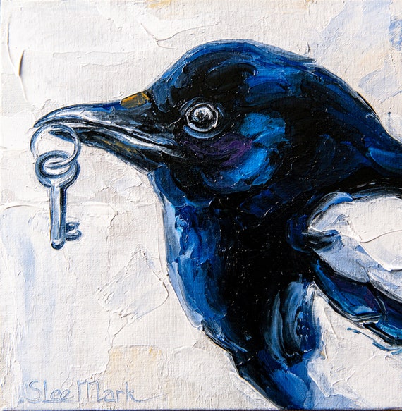 Magpie bird with key Original art 6" by S. Lee Mark Bird oil painting Pet portrait Animal art Home & Living Home Wall Décor Paintings