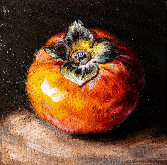 Persimmon Original art 6x6 by S. Lee Mark - Stil life oil painting Fruit art Fruit still life Fruit painting Citrus art
