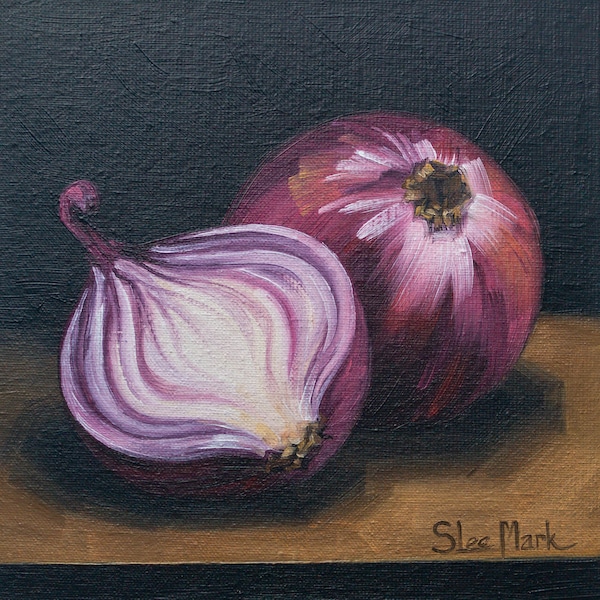 Onion rings Original art 6x6 by S. Lee Mark - Stil life oil painting Fruit art Vegetable still life painting Small artwork Kitchen Decor