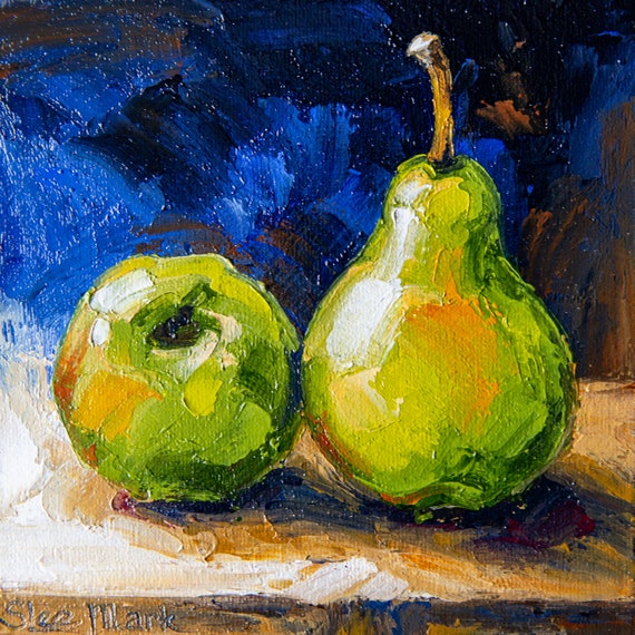 Green Pears Original art 6x6 by S. Lee Mark Stil life oil painting Fruit art still life Fruit painting Pears art Home Décor Wall Hangings