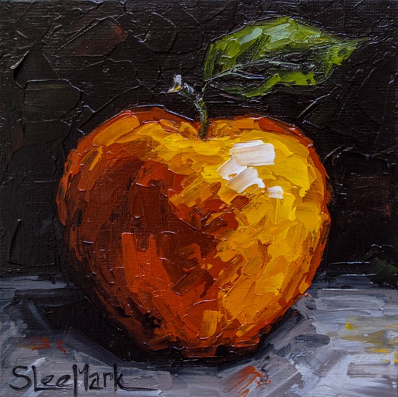 Red yellow apple Original art 6x6 by S. Lee Mark - Stil life oil painting Fruit art Fruit still life Fruit painting Home Living Decor Wall