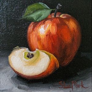 Apple with a slice Original art 6x6 by S. Lee Mark Still life oil painting Fruit art Fruit still life Fruit painting Home Living Home Decor