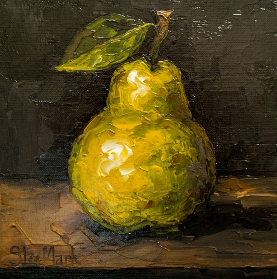 Pear Original art 6x6 by S. Lee Mark - Stil life oil painting Fruit art Vegetable still life painting Small artwork Kitchen Decor