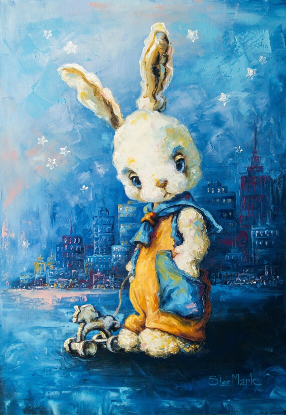 Rabbit Big city lights 26" Original Modern art by S. Lee Mark Home & Living Home Decor Wall Decor Wall Hangings Rabbit Paintings Banny