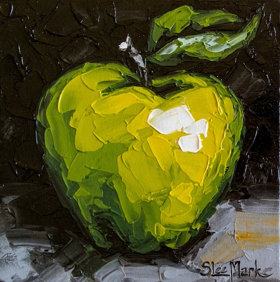 Apple Original art 6x6 by S. Lee Mark Impasto Stil life oil painting Fruit art Fruit still life Fruit painting Citrus art