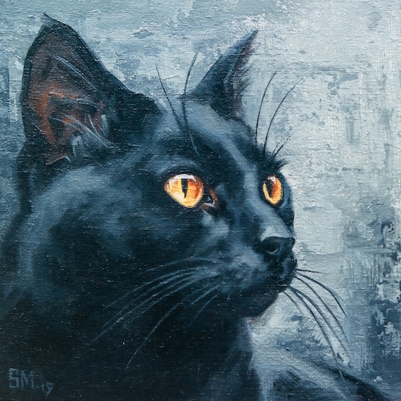 Pet Portraits, Original Cat Oil Painting, Cat Portrait, Black Cat, Cat Painting, Cat Art, Animal Painting, Original Art 6x6 by S.Lee Mark