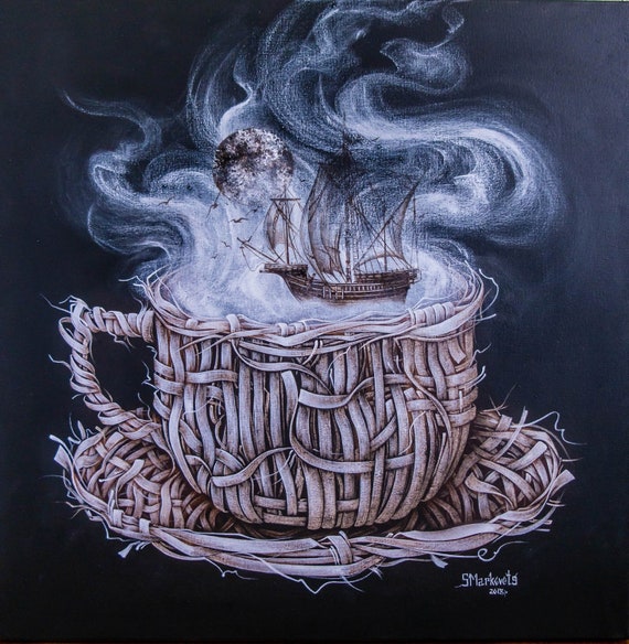 Coffee dreams 20" Original art Modern by S. Lee Mark Network oil painting Coffee Cup painting Coffee art Home Décor Wall Hangings Paintings