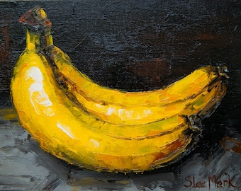 Two bananas Original art 8" by S. Lee Mark Fruit Still life oil painting Fruit art Fruit painting Home & Living Home Wall Décor Paintings