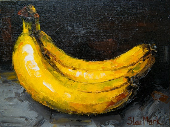 Two bananas Original art 8" by S. Lee Mark Fruit Still life oil painting Fruit art Fruit painting Home & Living Home Wall Décor Paintings