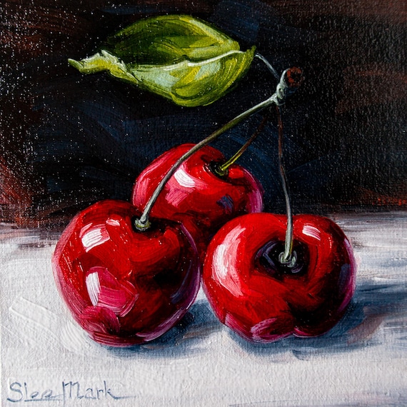 Cherries Original art 6x6 by S. Lee Mark - Stil life oil painting Fruit art still life Cherry art Home & Living Home Wall Décor Paintings