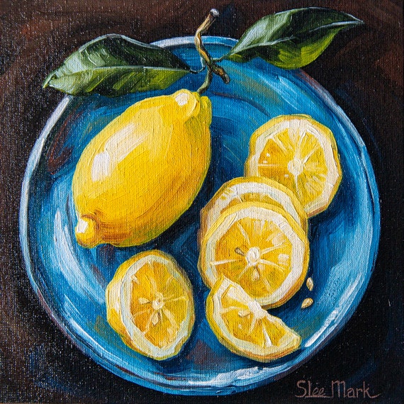 Yellow Lemon on a blue plate Original art 8x8" by S. Lee Mark - Stil life oil painting art Fruit still life Fruit painting Citrus Apples art