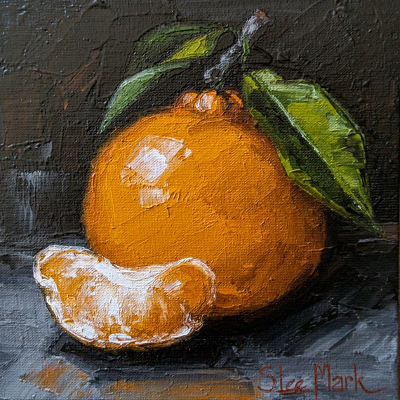 Orange with a slice Original art 6x6 by S. Lee Mark Still life oil painting Fruit art Fruit painting Citrus art Home Living Decor Wall